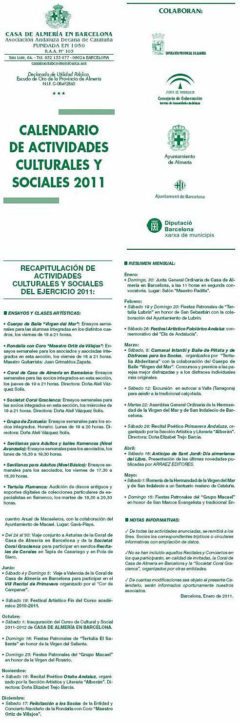 Calendario de Actividades Culturales y Sociales del 2011 de CASA DE ALMERÍA EN BARCELONA