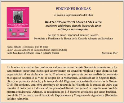 Invitación presentación libro "Beato Francisco Manzano Cruz" en la Casa de Almería de Barcelona